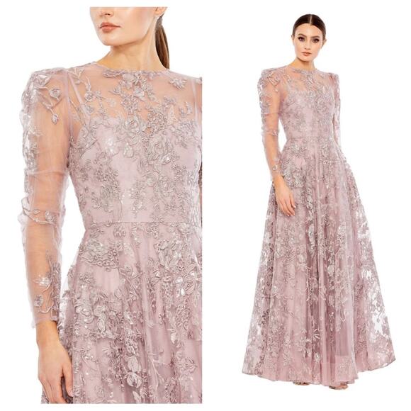 NWT MAC DUGGAL 50664 Lilac Embroidered Illusion High Neck Sheer Long Sleeve Gown - Picture 1 of 11